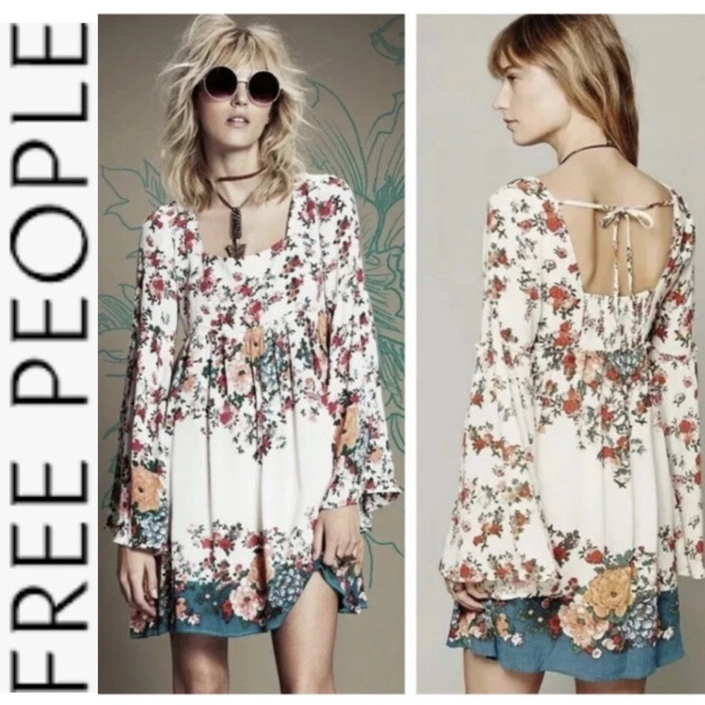 RARE Free People Chinoise White Floral Printed Gypsy Boho Dress xs